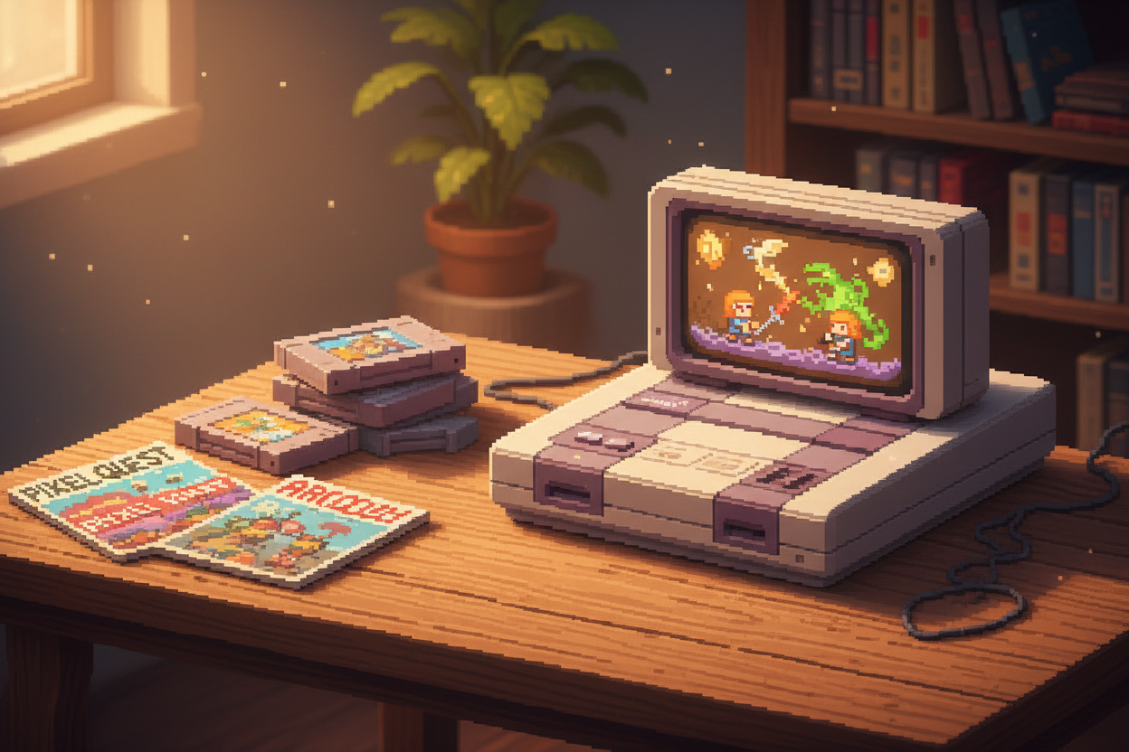 A high-resolution pixel-art hero banner showing a retro gaming console on a wooden desk next to old cartridges and game magazines. Warm lighting, cozy nostalgic vibe. Pixel-art game characters visible on the screen. Wide layout with room for overlay text.